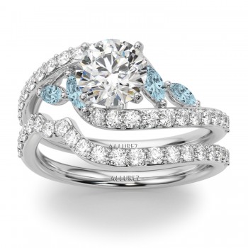 Swirl Design Lab Grown Diamond & Marquise Lab Aquamarine Bridal Ring Set 14K White Gold (0.96ct)